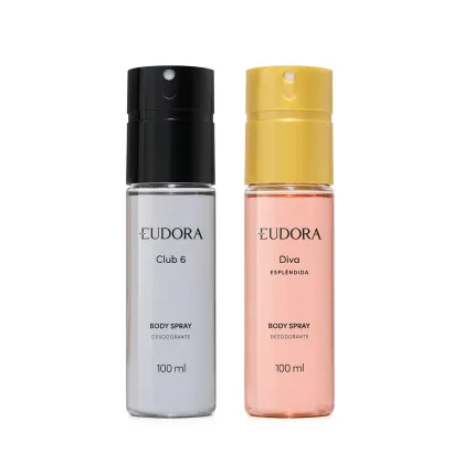 Dois frascos de desodorante em spray da marca Eudora, sendo um na cor preta chamado "Club 6" e outro na cor rosa chamado "Diva Esplêndida", ambos com 100 ml de capacidade.