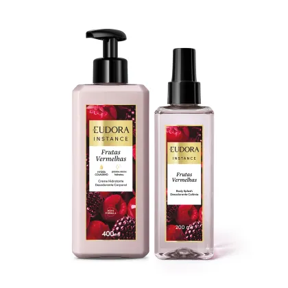 Dois produtos da linha Instance da Eudora: um creme hidratante desodorante corporal e um desodorante colônia, ambos com embalagens plásticas pretas e rótulos com imagens de frutas vermelhas.