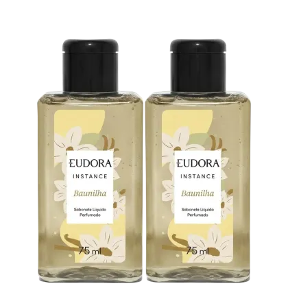 Dois frascos de sabonete líquido perfumado Eudora Instance Baunilha, com 75 ml cada, em embalagem com design floral em tons de amarelo e branco.