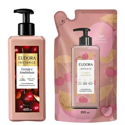 Dois frascos de creme hidratante desodorante corporal da linha Instance da marca Eudora, com embalagens em tons de rosa e vermelho, contendo informações sobre os ingredientes e o volume do produto.
