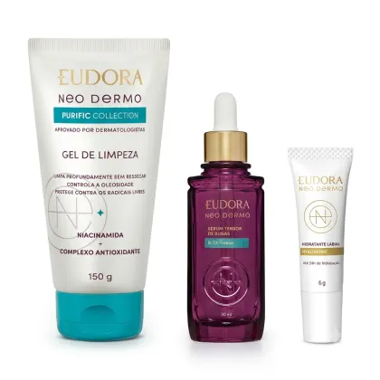 Gel de limpeza, sérum tensor e hidratante labial da linha Neo Dermo da Eudora, com embalagens em tons de branco, roxo e dourado.