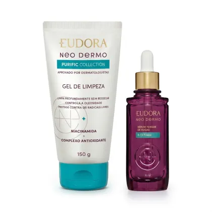 Gel de limpeza e soro tensor de rugas da linha Neo Dermo da Eudora, em embalagens branca e roxa, respectivamente. Produtos aprovados por dermatologistas para cuidados com a pele.