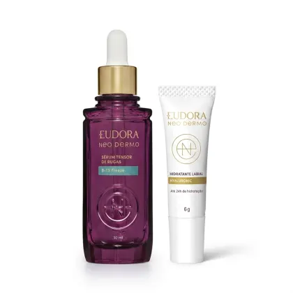 Frasco de sérum tensor de rugas B-TX Freeze da linha Neo Dermo da Eudora, com 30 ml, em embalagem roxa e dourada, acompanhado de hidratante labial Hyaluronic da mesma linha, em tubo branco.