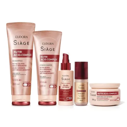 Imagem do produto Combo Siàge Nutri Acid.Complex: Shampoo 250ml + Condicionador 200ml + Máscara Capilar 250g + Óleo em Creme 100ml + Spray Perfumado para Cabelos 60ml