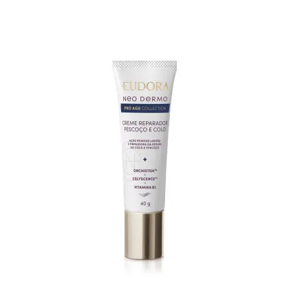 Creme reparador de pescoço e colo da linha Neo Dermo da Eudora, em embalagem branca de 40g tipo bisnaga, com tampa dourada na parte inferior e rótulo com detalhes dourados e azul marinho descrevendo ter Orchistem, Celyscence e vitamina B3.