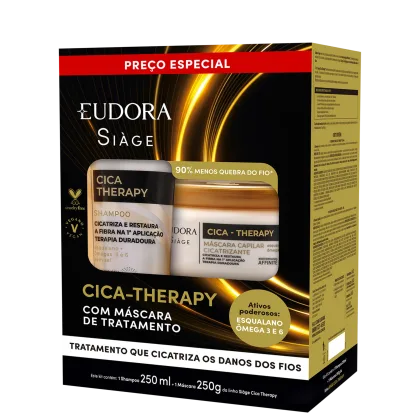 Caixa de produto de tratamento capilar Eudora Siàge Cica-Therapy, contendo shampoo de 250 ml e máscara capilar de 250 g, com destaque para os benefícios de cicatrização e restauração da fibra capilar.