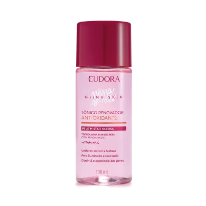 Frasco plástico transparente contendo líquido rosado. Tampa protetora na cor vinho. Embalagem com cores rosa e vinho, típicas da linha. Rótulo transparente com texto em rosa pink, quase vermelhor, e alaranjado. Nome da marca Niina Secrets em branco.