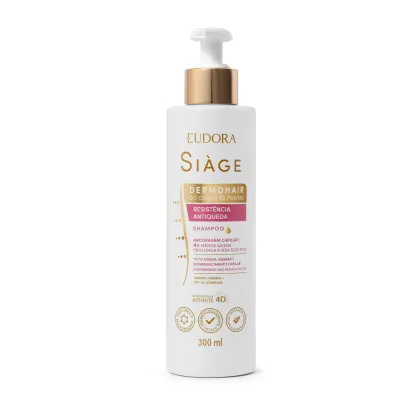 Shampoo Siàge DermoHair da linha Resistência Antiqueda da marca Eudora. Embalagem branca opaca com detalhes dourados. Frasco com bomba dosadora branca e detalhes dourados na tampa. Volume de 300ml indicado na embalagem.