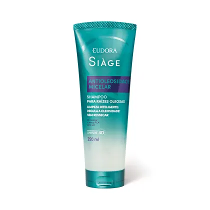 O produto apresentado é um shampoo da linha Siàge da Eudora, com foco em controle da oleosidade. A embalagem é um tubo plástico de cor turquesa, com o nome "Siàge" e "Antioleoside Micelar" destacados.