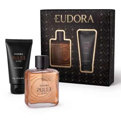 Conjunto Pulse Action composto por uma caixa elegante preta com o logotipo Eudora em dourado, na sua frente um frasco de vidro de Pulse cor âmbar e um tubo de bálsamo pós-barba. Todos os itens exibem o nome Pulse Action e logo Eudora de forma proeminente.