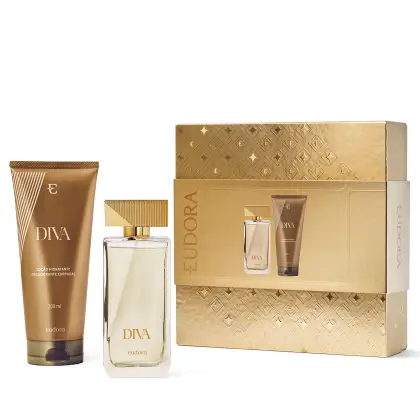 A imagem mostra um kit de produtos Diva da marca Eudora. Inclui um frasco de perfume transparente com líquido incolor, um frasco de loção corporal dourado e uma caixa dourada com detalhes geométricos em relevo.