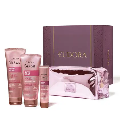 Kit da Eudora Siàge com:
01 Shampoo Siàge Nutri Rosé 250ml
01 Condicionador Siàge Nutri Rosé 200ml
01 Máscara De Reparação Siàge Nutri Rosé 50g
01 Siàge Nécessaire Rosa Metalizado