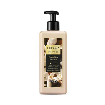 Frasco de creme hidratante desodorante corporal da marca Eudora Instance, com rótulo com nome "Baunilha Intensa" e informações sobre o produto.