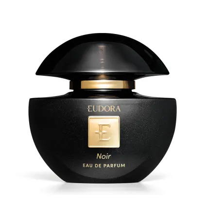Frasco de perfume Eudora Noir, com embalagem preta brilhante e detalhes dourados, incluindo o logotipo da marca e a indicação "Eau de Parfum" na parte frontal.