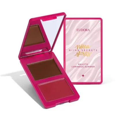 Paleta de maquiagem Luminous Summer da linha Niina Secrets da Eudora, em embalagem rosa vibrante com detalhes dourados, contendo dois tons de sombra marrom.