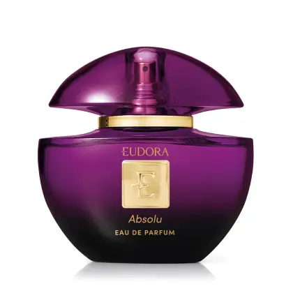 Frasco de perfume Eudora Absolu, com tampa em formato de cúpula, em tom roxo brilhante, com logotipo dourado. Rótulo indica tratar-se de um eau de parfum.