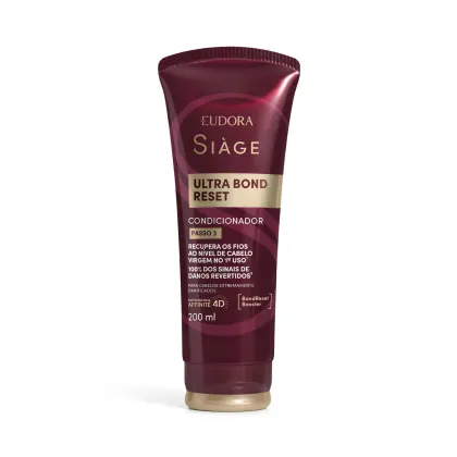Frasco de condicionador da linha Siàge Ultra Bond Reset, com embalagem vinho e dourada, contendo 200 ml do produto.