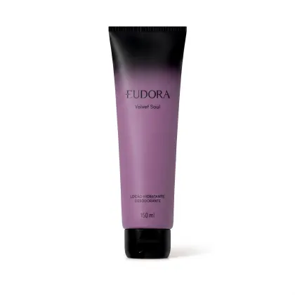 Tubo preto e roxo com o texto "EUDORA Velvet Soul" em destaque. Embalagem de item de corpo e banho com design elegante e minimalista, contendo 150 ml de loção hidratante desodorante corporal.