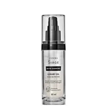 Frasco de vidro transparente contendo óleo nutritivo da linha Siàge Nutri Diamond, com rótulo preto e branco destacando o nome do produto e suas propriedades, como proteção térmica e brilho duradouro.