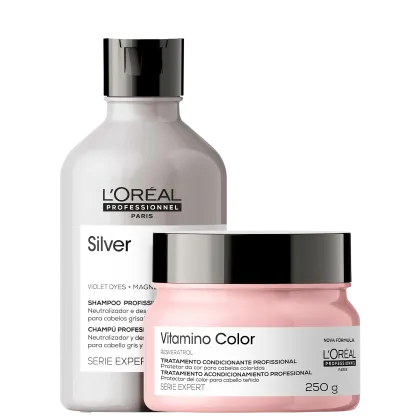 Dois produtos da linha L'Oréal Professionnel: um frasco branco de Shampoo Silver e um pote rosa de Tratamento Condicionante Vitamino Color, ambos com rótulos e informações sobre seus usos e benefícios.