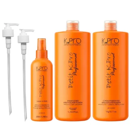 Conjunto de produtos de cuidados capilares da marca K.Pro Professional, incluindo shampoo, condicionador e leave-in, em embalagens laranja com rótulos em português.