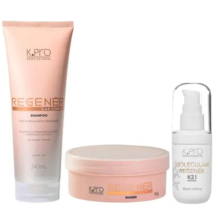 Conjunto de produtos de cuidados capilares da marca K.pro, incluindo shampoo e máscara em embalagens de plástico nas cores rosa e branco. Também conta com tubo de leave-in Molecular Repair Regenér K21 Bonds.