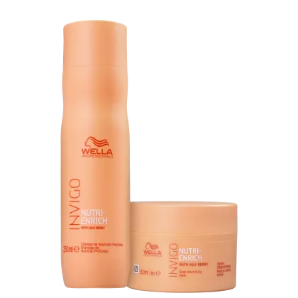 Frasco de shampoo com o logotipo da Wella e o nome "Nutri-Enrich with Goji Berry" impresso. Também há uma máscara capilar na mesma cor laranja.