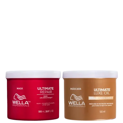 A imagem mostra as máscaras capilares Ultimate Repair à esquerda com um pote vermelho, tampas e detalhes em branco. Já à direita, tem a máscara capilar Ultimate Luxe Oil com um pote dourado tampas e detalhes em branco.