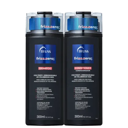 A imagem apresenta um shampoo e um condicionador, ambos com embalagens plásticas pretas de 300ml. Os frascos possuem um detalhe azul claro com o nome da linha "Frizz Zero" e o logo da Truss.