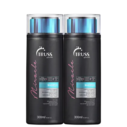 A imagem mostra dois frascos de shampoo da marca Truss. Os frascos são pretos e apresentam detalhes em rosa e um brilho metálico azul na parte superior transparente.