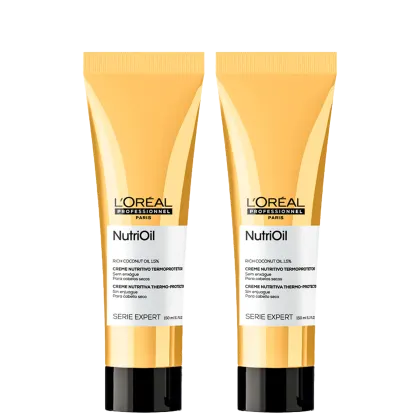 A imagem mostra dois tubos idênticos do leave-in da linha NutriOil da L'Oréal Professionnel. Os tubos possuem uma cor bege/dourado e detalhes em preto na parte inferior, trazendo o logotipo e informações sobre o produto em inglês e português.