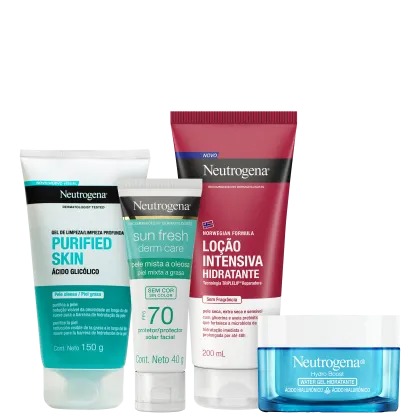 A imagem mostra um kit com quatro produtos da marca Neutrogena. Um gel de limpeza e um protetor solar facial, ambos com embalagem branca e verde, uma loção hidratante com embalagem branca e vermelha e um hidratante facial com embalagem azul e tampa branca