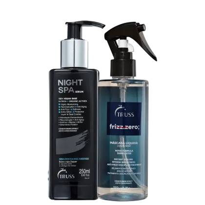 A imagem mostra dois produtos de cuidados capilares da marca Truss. O primeiro é um sérum noturno chamado "Night Spa". 
O segundo é uma máscara líquida chamada "Frizz.Zero; Máscara Líquida".