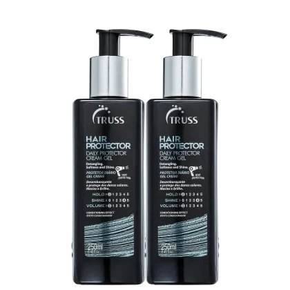A imagem mostra dois frascos do Hair Protector da marca Truss. Os frascos são pretos com detalhes prateados e têm uma bomba dosadora preta na parte superior.