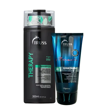A imagem mostra dois produtos capilares da Truss: o shampoo "Therapy" e o esfoliante "Miracle Scrub Therapy". São embalagens com design elegante.