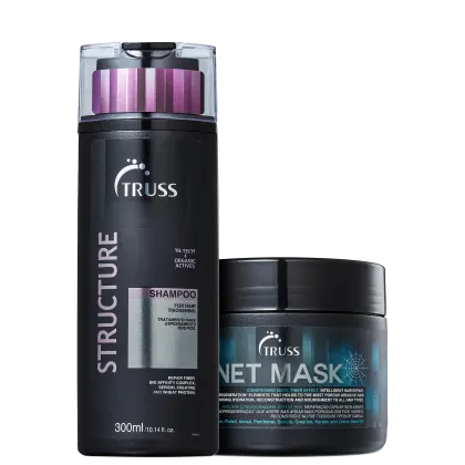 A imagem mostra 2 produtos TRUSS lado a lado. O primeiro é o shampoo Structure, numa embalagem de 300ml da cor preta com detalhes prateados e rosa. O segundo é a Net Mask em uma embalagem de 550g preta, rótulo com letras prateadas e detalhes azuis.
