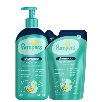 A imagem mostra 2 shampoos Pampers, um em embalagem pump de 400ml e outro em embalagem sachê de refil 350ml. Ambos possuem cor verde e desenho ilustrado de um pato no rótulo.