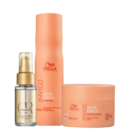 Três produtos da linha Wella Professionals Invigo Nutri-Enrich: um frasco de óleo de reflexos, um frasco de shampoo e um pote de máscara, todos em embalagens laranja e branca com o logotipo da marca.