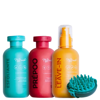 A imagem traz shampoo esfoliante em embalagem verde de 200ml, pré-poo em embalagem vermelha de 200ml, leave-in em embalagem spray amarela de 200ml e escova para couro cabeludo verde.