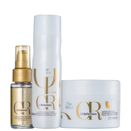 Produtos de cuidado capilar da linha Oil Reflections da Wella Professionals. Um frasco dourado pequeno contendo óleo capilar. Um frasco branco maior com shampoo. Uma embalagem branca redonda contendo uma máscara capilar.