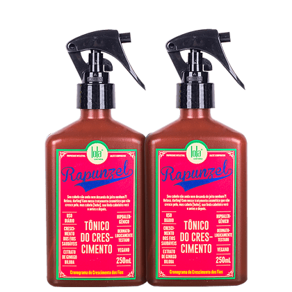 Dois frascos de spray de plástico marrom com detalhes em verde e rosa. O rótulo indica que é um "Tônico do Crescimento" chamado "Rapunzel" da marca Lola, com 250ml cada.