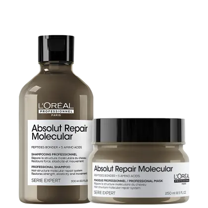 A imagem mostra dois produtos da linha L'Oréal Professionnel Série Expert Absolut Repair Molecular: um shampoo em um frasco marrom com tampa preta, contendo 300ml e uma máscara capilar em um pote plástico marrom com tampa preta, contendo 250ml.