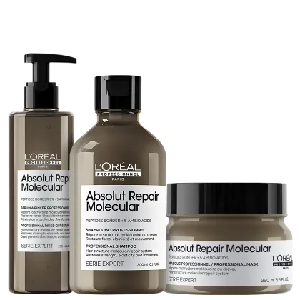 A imagem mostra três produtos da linha Absolut Repair Molecular da L'Oréal Professionnel. O primeiro é um sérum em um frasco com bomba dosadora preta, contendo 250ml. O segundo é um shampoo de 300ml. O terceiro é uma máscara capilar em um pote de 250ml