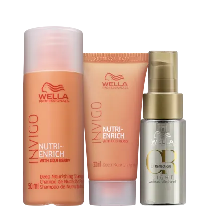 A imagem mostra três produtos da Wella. O primeiro é o shampoo Nutri-Enrich de 50ml com a cor laranja. O segundo é a máscara Nutri-Enrich de 30ml tom laranja. O terceiro é o óleo Oil Reflections Light 30ml, embalagem transparente com detalhes em dourado.