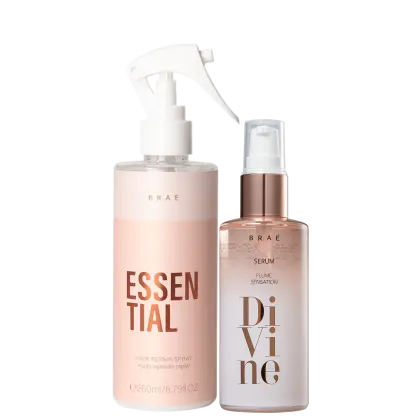 Dois produtos de cuidados capilares da marca Braé. Um é um spray reparador capilar chamado "Essential". O outro é um sérum de tratamento chamado "Divine Plume Sensation", em um frasco com líquido rosado e rótulo branco com texto em letras marrons.