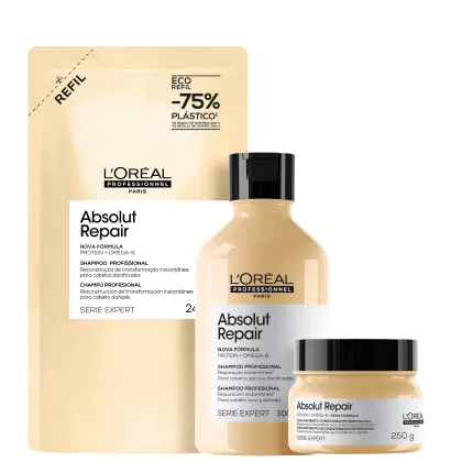 Embalagem de shampoo profissional da marca L'Oreal Professionnel, com fórmula Absolut Repair contendo proteína e ômega-9. Frasco plástico preto com rótulo bege e texto em inglês. Caixa de papelão bege com informações sobre a redução de 75% no plástico.