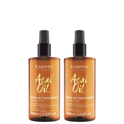 São dois frascos de óleo de tratamento Acai Oil da marca Cadiveu Professional. O rótulo frontal exibe o logotipo Cadiveu e o nome do produto "Acai Oil Óleo de Tratamento" em letras brancas sobre um fundo laranja.