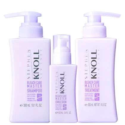 Três embalagens de 300ml contendo shampoo e condicionador da linha Bleach Care Master, e um frasco de 100ml com leave-in Bleach Care.