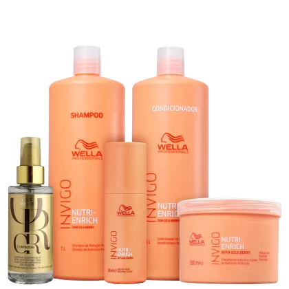 A coleção de produtos de beleza da marca Wella Professionals, incluindo shampoo, condicionador, leave-in e máscara de tratamento, todos com embalagens de plástico laranja e branco. Há também um óleo capilar Oil Reflections.