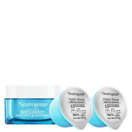 A imagem mostra uma embalagem de gel hidratante facial azul com tampa branca ao lado de dois refis, com embalagem azul.